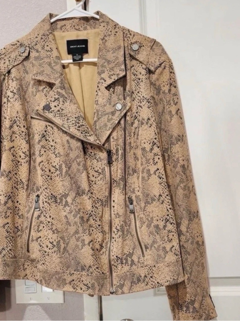 DKNY Beige Snake-Print Moto Jacket